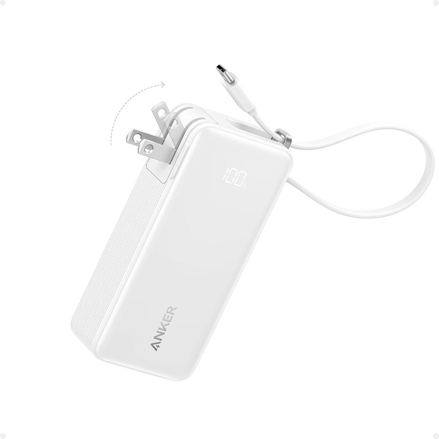 Anker Nano 3-in-1 Portable iPhone Charger, 10,000mAh Power Bank with Built-in USB-C Cable and Foldable Wall Plug, 30W Max Battery Pack, Travel Essentials for iPhone 16/15 Series, Galaxy, MacBook White