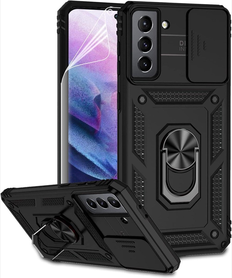for Samsung Galaxy S21 Case with Camera Lens Cover HD Screen Protector, Dual Layer Military-Grade Drop Tested Magnetic Ring Holder Kickstand Protective Phone Case for Samsung Galaxy S21 5G (Black)