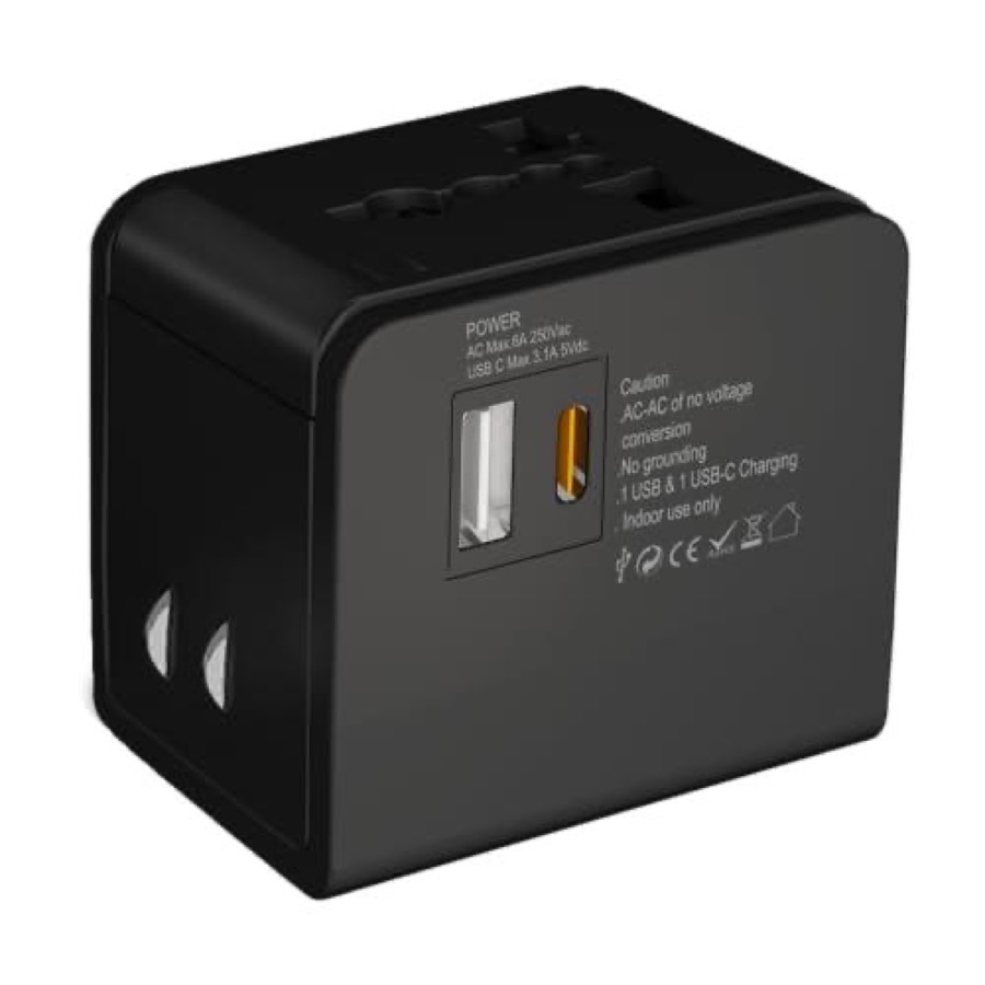 Universal Travel Adapter 20W 6A, 1 USB-A, 1 USB-C Ports All In One International Power Adapter Plug For USA EU UK AU Wall Charger Quick Charge European Plug Worldwide Travel Essentials | CE, RoHS