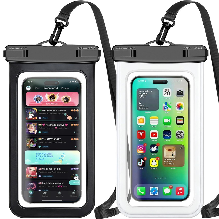 Waterproof Phone Pouch,2 Pack Black White Phone Waterproof Case,Cell Phone Dry Bag,Protection Level: IP68,Beach Cruise for Apple iPhone,Samsung,and More,Lanyard Included,(Fits Up to 8.3),Black,White